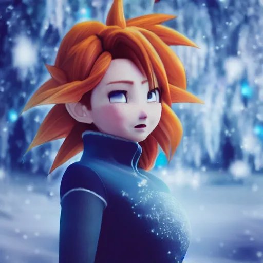 Image similar to portrait focus of super saiyan beautiful 3 d anime girl posing, frozen ice dark forest background, snowing, bokeh, inspired by masami kurumada, octane render, volumetric lighting