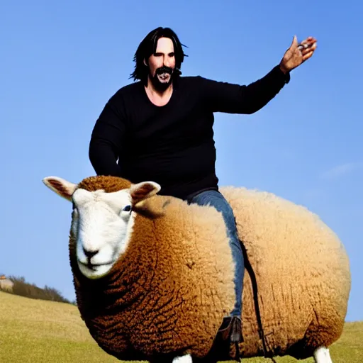 Image similar to morbidly obese keanu reeves riding a texel sheep, photo, detailed, 4 k