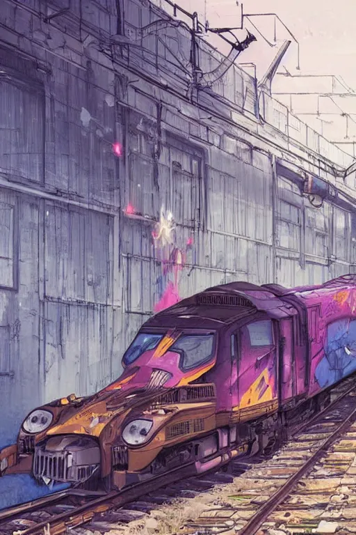 Image similar to graffiti vandal writing graffiti on a train in a train yard, illustrated by greg rutkowski and moebius and loish and artgerm, painterly, illustration, backlit, beautiful artist rendering, gorgeous, masterpiece