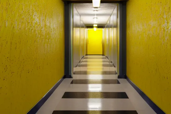 Prompt: an endless space of hallways with old yellow wallpaper from the 1970s lit by fluorescent lights