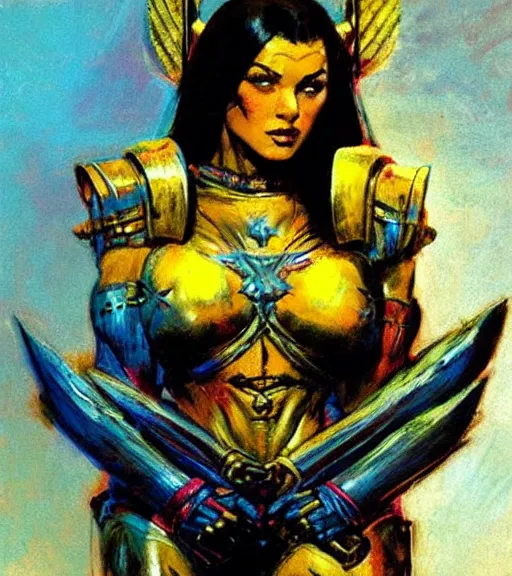 Image similar to portrait of strong iranian female chaos angel, beautiful! coherent! by frank frazetta, by brom, strong line, vivid neon color, shining metal power armor, iron helm, high contrast, maximalist