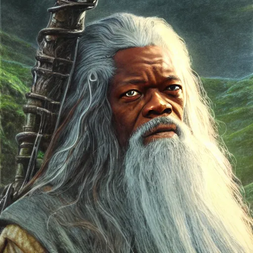 Image similar to portrait of samuel jackson as gandalf, by alan lee, lord of the rings calendar, smooth, detailed terrain, oil painting, matte painting, concept art, trending on artstation