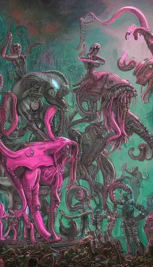 Image similar to a xenomorphic pink and green cyborg elephant playing piano in the middle of a liminal satanic landscape, a crowd of blue necromancers watching the show