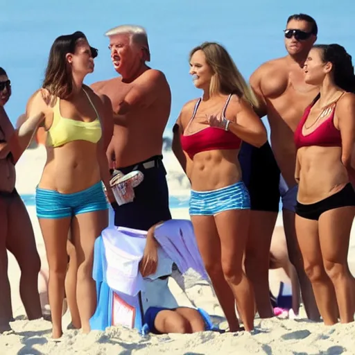 Prompt: extremely buff Donald Trump playing beach volleyball with women,