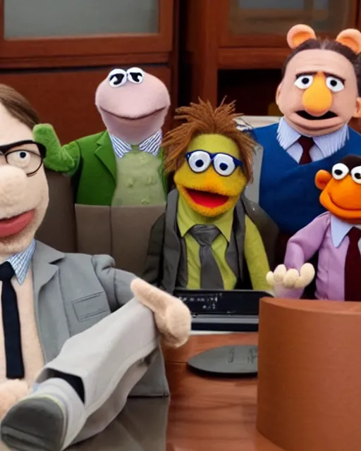 Image similar to film still from the office, dwight schrute as a muppet. highly detailed felt. hyper real photo. 4 k.