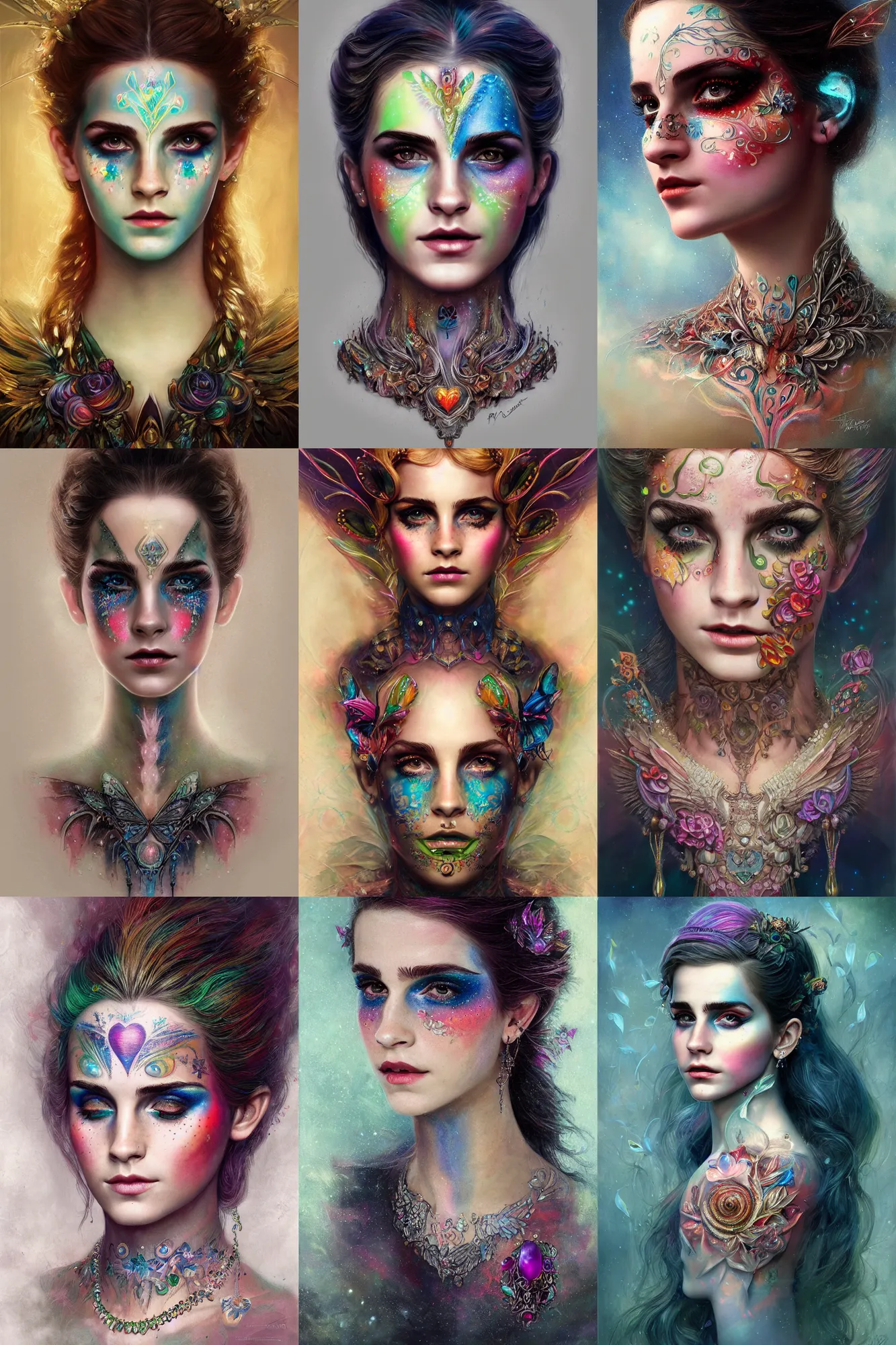 Prompt: portrait of rgb fairy, symmetric, facepaint facepaint facepaint, intricate jewelry, trending on artstation 4 k, high quality, in the style of karol bak, tom bagshaw, charlie bowater, bust with face of emma watson, tattoos