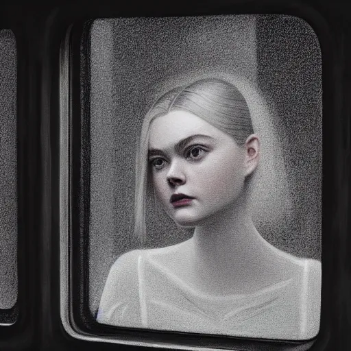 Image similar to silhouette of Elle Fanning gazing out a train-car window, stormy weather, extremely detailed masterpiece, oil on canvas, low-key neon lighting, artstation, Blade Runner 2049, Roger Deakin’s cinematography, by J. C. Leyendecker and Peter Paul Rubens,