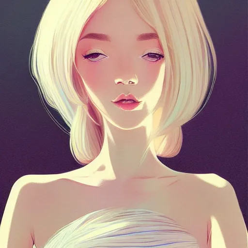 Prompt: beautiful woman in summer dress art, light blonde shoulder-length hair, muted colors, matte print, pastel colors, ornate, digital art, digital painting, fan art, elegant, by Ilya Kuvshinov