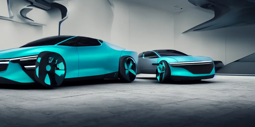 Image similar to a design of a futuristic car, designed by Polestar and DMC, vaporwave sunrise background, brushed teal copper car paint, black windows, dark show room, dramatic lighting, hyper realistic render, depth of field