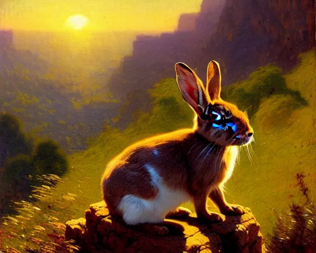 Image similar to hyper realistic rabbit looking off of a cliff, sun setting behind rabbit, lush forest in valley below, painted by gaston bussiere, craig mullins, j. c. leyendecker 8 k