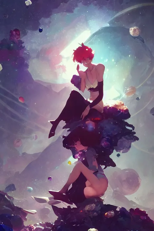 Image similar to A beautiful whimsical woman sitting on a bed of crystals below planets, cinematic lighting, dramatic atmosphere, by Dustin Nguyen, Akihiko Yoshida, Greg Tocchini, Greg Rutkowski, Cliff Chiang, 4k resolution, trending on artstation