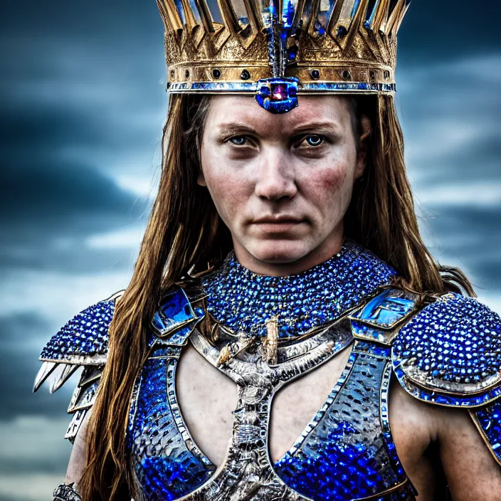 Image similar to photo of a warrior queen wearing sapphire encrusted armour, highly detailed, 4 k, hdr, smooth, sharp focus, high resolution, award - winning photo