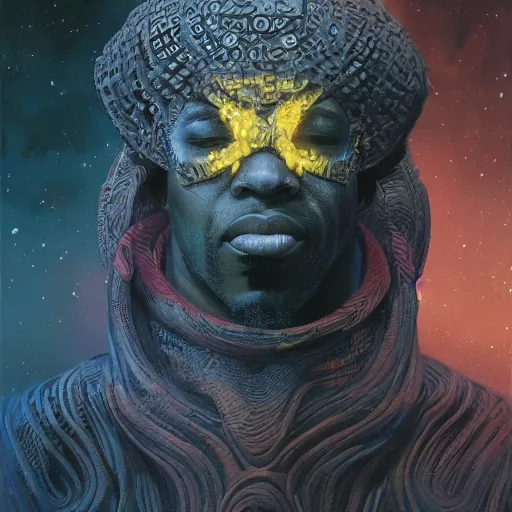 Image similar to an african!! cosmic god bending space time, watchmen, dim light, bloom, front game card, marvel comics, dark, intricate, highly detailed, smooth, artstation, digital illustration by ruan jia and mandy jurgens and artgerm and wayne barlowe and greg rutkowski and zdislaw beksinski, and adi granov