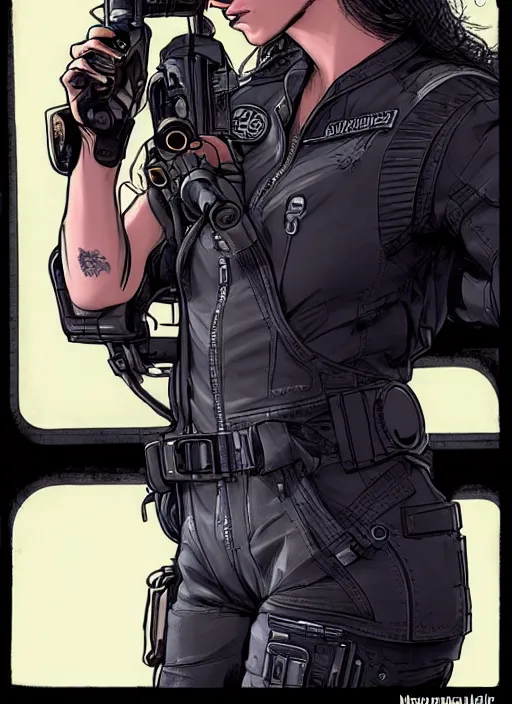 Image similar to Feminist Maria. Gorgeous female cyberpunk mechanic wearing a cyberpunk headset, military vest, and pilot jumpsuit. gorgeous face. Realistic Proportions. Concept art by James Gurney and Laurie Greasley. Moody Industrial skyline. ArtstationHQ. Creative character design for cyberpunk 2077.