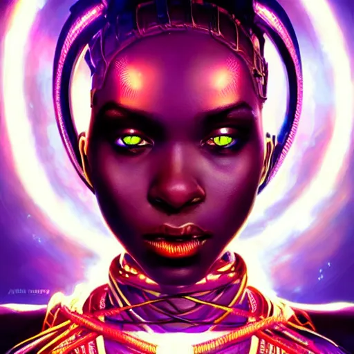 Image similar to african neon necromancer, science fiction, highly detailed, digital painting, beautiful eyes, symmetry, concept art, sharp focus, illustration, global illumination, radiant light, synthwave colors, detailed and intricate environment, art by artgerm and greg rutkowski and magali villeneuve and ilya kuvshinov!