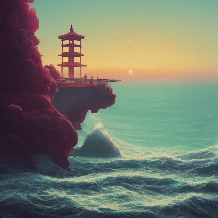 Image similar to a beautiful painting of a torii at sea by simon stalenhag and greg rutkowski, in style of digital art. hyper detailed, sharp focus, soft light. octane render. ray tracing. trending on artstation