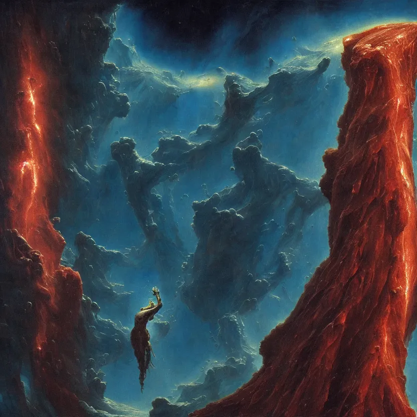 Image similar to still frame from Prometheus movie, succubus godess flying trought Pillars of Creation nebula by wayne barlowe by caravaggio by giger by malczewski, avantgarde 4k wallpaper