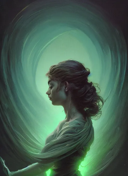 Image similar to side portrait, imogen poots, deathknight, gloomhaven, soft, smooth, luminescent, art nouveau tarot, haunting, pale green backlit glow, evil inky swirly ripples, sickly colors, 8 k, by greg rutkowski, jesper ejsing, rhads, ilya kuvshinov, cushart krenz