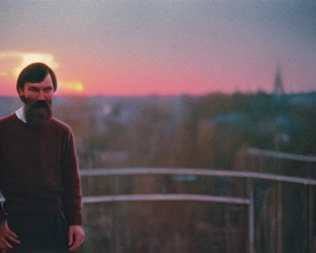 Image similar to lomographic tarkovsky film still of 4 0 years russian man with beard and sweater standing on small hrushevka 9 th floor balcony in taiga looking at sunset, perfect faces, cinestill, bokeh