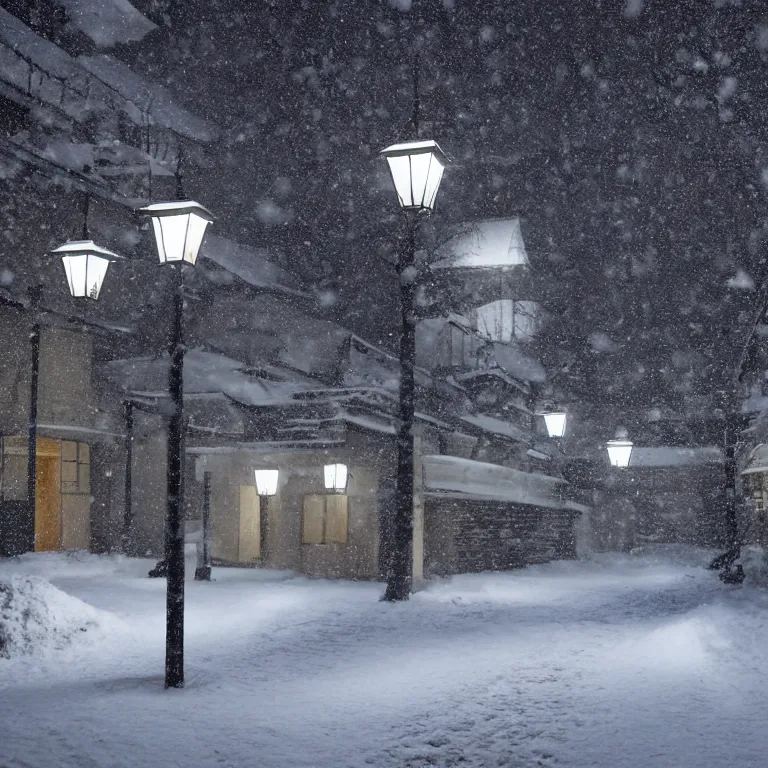 Prompt: snowy japanese courtyard illuminated by street lamps, high resolution photograph