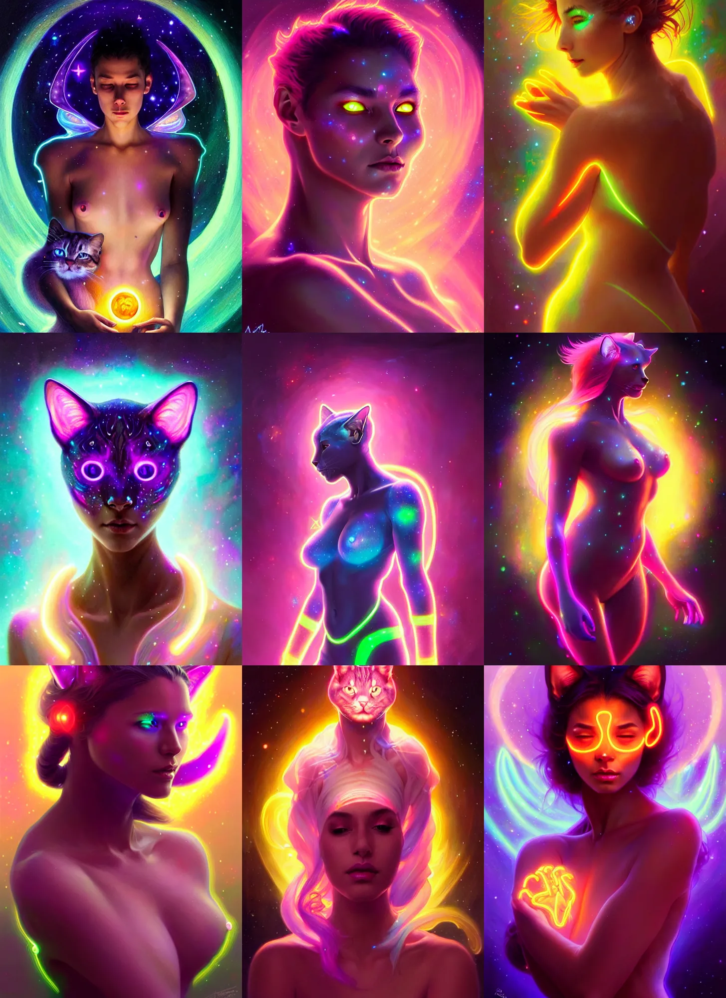 Prompt: a cosmic cat faceless glowing liquefied stardust adventurer, dnd fantasy character, full body portrait, glowing neon skin, magical aura, ultra realistic, intricate, elegant, highly detailed, digital painting, artstation, smooth, sharp, focus, illustration, art by artgerm and greg rutkowski and alphonse mucha