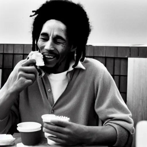 Prompt: Bob Marley eating a hamburger in McDonalds,4k quality