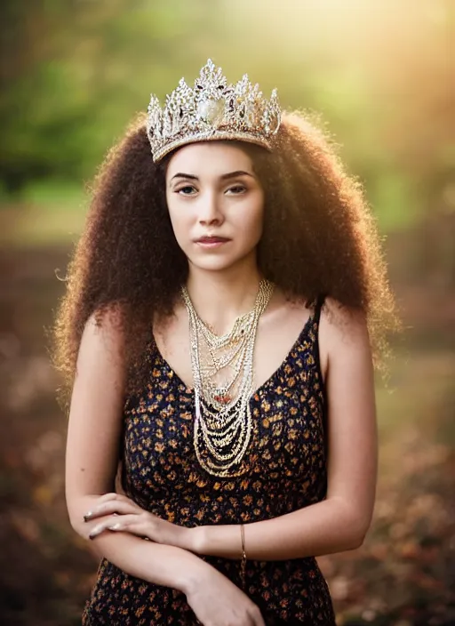 Prompt: portrait of a 2 5 year old woman with a royal crown and jewelry, symmetrical face, dark wavey hair, she has the beautiful calm face of her mother, slightly smiling, ambient light in nature