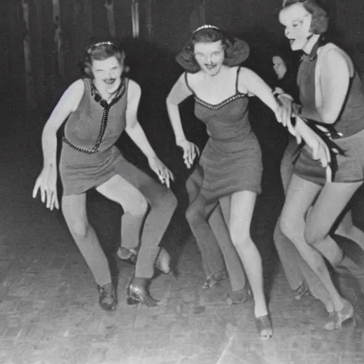 Prompt: Gray Aliens on the dance floor. 1940s photograph.