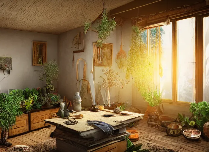 Prompt: interior view of a cluttered herbalist cottage, waxy candles, wood furnishings, herbs hanging, light bloom, dust, ambient occlusion, rays of light coming through windows, oil painting