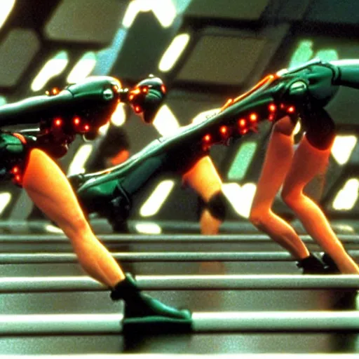 Image similar to The matrix, LeeLoo, Starship Troopers, Sprinters in a race with a clear winner, The Olympics footage, intense moment, cinematic stillframe, shot by Roger Deakins, The fifth element, vintage robotics, formula 1, starring Geena Davis, sports photography, clean lighting