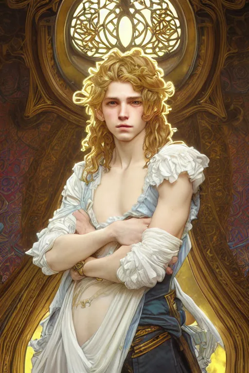 Image similar to fullbody portrait of a young hero with curly blond hairs, soft smile, baroque cloth, luminous scene, final fantasy and legue of legends champion, by greg rutkowski and alphonse mucha, gradient white to gold, in front of an iridescent magical building background, highly detailed portrait, digital painting, smooth, focus illustration