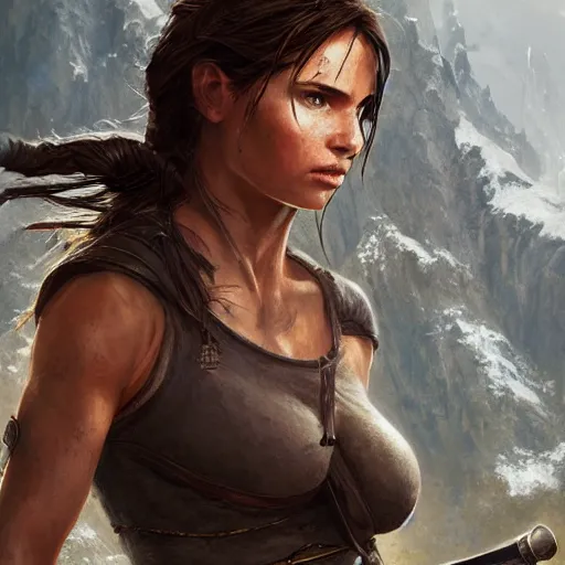 Image similar to lara croft in lord of the rings, hyper detailed character design, greg rutkowski, wlop, artgerm, masterwork, artstation trending, 8 k