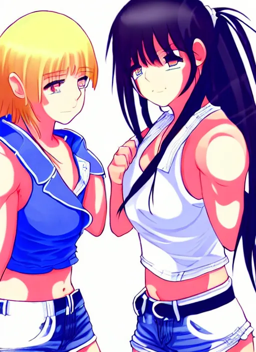 Prompt: two beautiful female fighters facing each other, denim shorts, white top, dim lighting, gorgeous features, smooth, detailed anime art