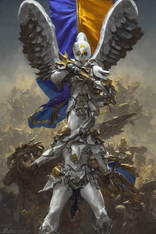 Prompt: A ghost soldier with angel wings with a blue and yellow flag behind him standing on a pile of skulls in triumph after the battle, D&D, fantasy, intricate, elegant, highly detailed, digital painting, artstation, concept art, matte, sharp focus, illustration, hearthstone, art by Artgerm and Greg Rutkowski and Alphonse Mucha