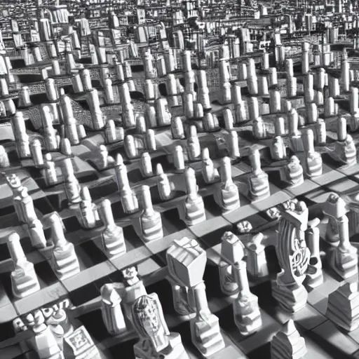 Prompt: A bird's-eye view of the city made of white chess pawns, unreal engine