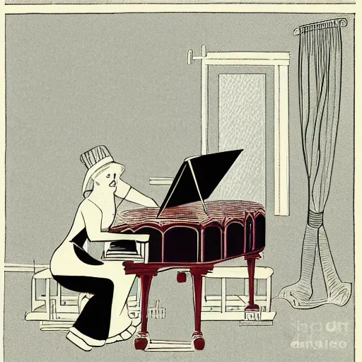 Image similar to vintage ship woman sitting in an piano, retro cartoon