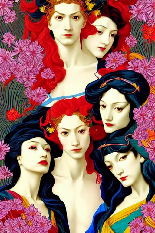 Image similar to 3 Summer Deities, (representing the 3 months June, July, and August), in a style blending Æon Flux, Peter Chung, Shepard Fairey, Botticelli, Ivan Bolivian, and John Singer Sargent, inspired by pre-raphaelite paintings, shoujo manga, and cool Japanese street fashion, dramatically lush flora and fauna, warm vivid high contrast color scheme, hyper detailed, super fine inking lines, ethereal and otherworldly, 4K extremely photorealistic, Arnold render