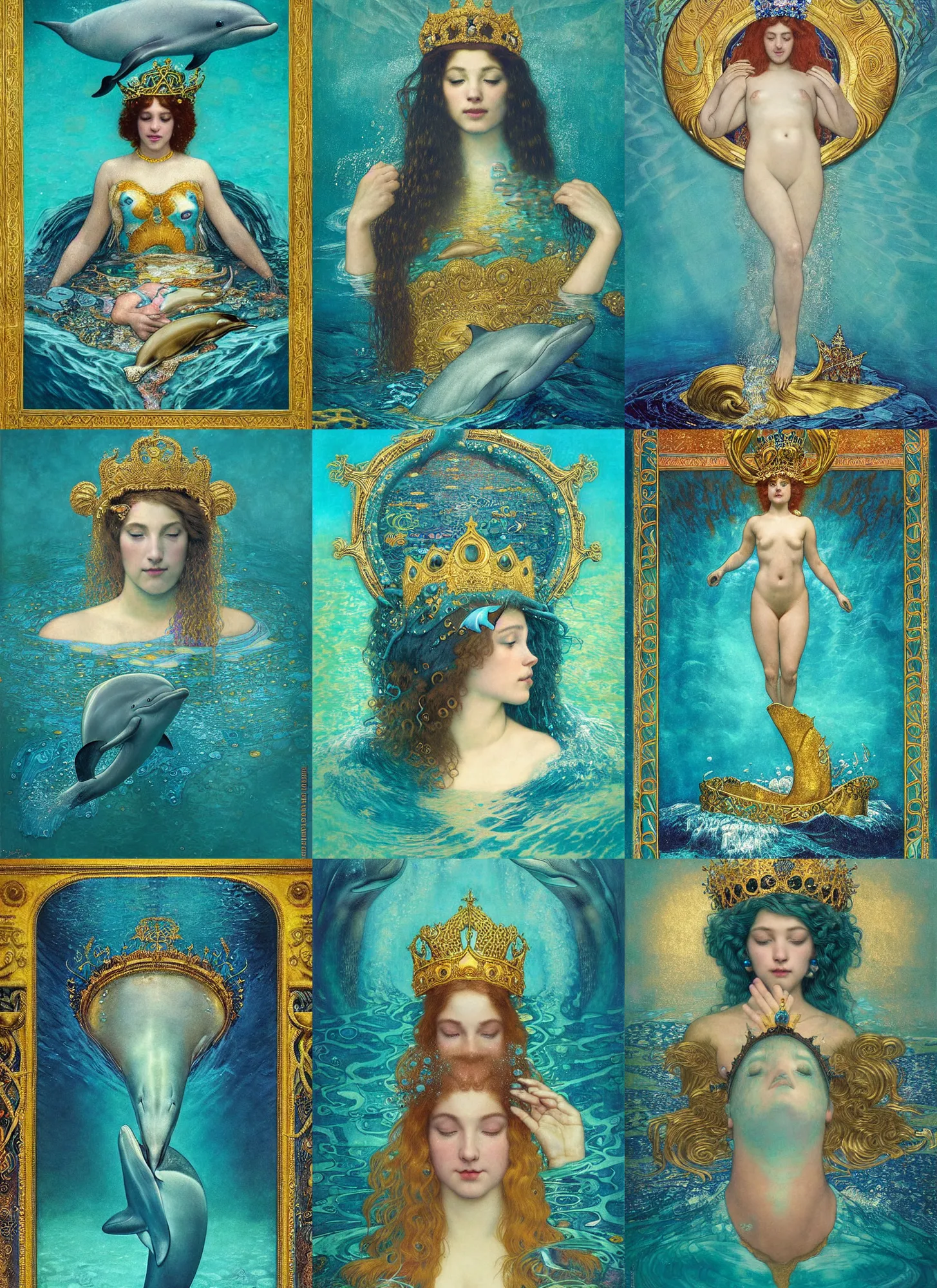 Prompt: “ an underwater portrait of a dolphin wearing a crown, dolphin on a throne of beautiful waves, titian, sam spratt, maxfield parrish, gustav klimt, tom bagshaw, mark ryden, alphonse mucha, high detail, 8 k, intricate ornamental details, vibrant iridescent colors, aqua teal and gold ”