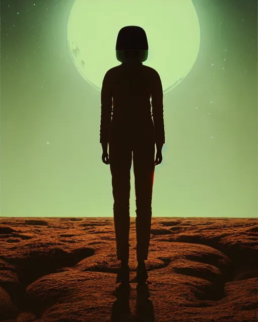 Image similar to a person standing in front of a glowy open door that's on a barren moon, poster art by mike winkelmann, trending on cg society, space art, sci - fi, ue 5, futuristic, volumetric lighting, light casting onto the ground, neat composition and camera angle