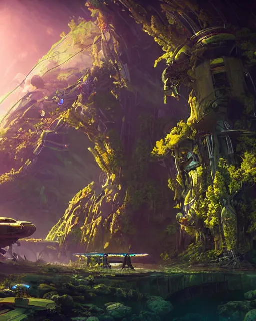 Image similar to alien temple, beautiful landscape, nier automata, protoss!!!!, machine planet, mothership in the sky, pink sun, tropical forest, colorful light, advanced technology, cinematic lighting, highly detailed, masterpiece, art by bastien grivet and darwin cellis and jan urschel