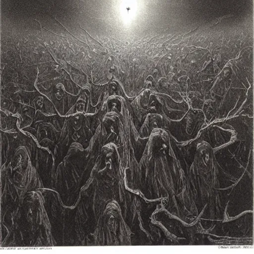 Prompt: spirits whose names they called in terror or welcome, until an angry priest cast a spell on them, art by beksinski and jean delville