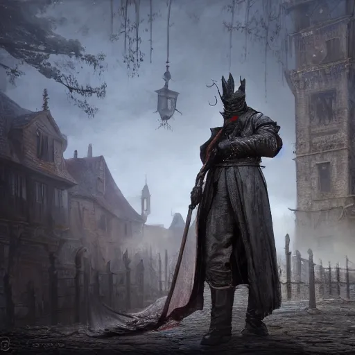 Prompt: A man draped in a ankle-length overcoat with leather gloves and boots wearing a bird-like beak mask in a medieval village by Greg Rutkowski, Bloodborne, 4k photorealistic, volumetric lighting, HD, high details, dramatic, trending on artstation