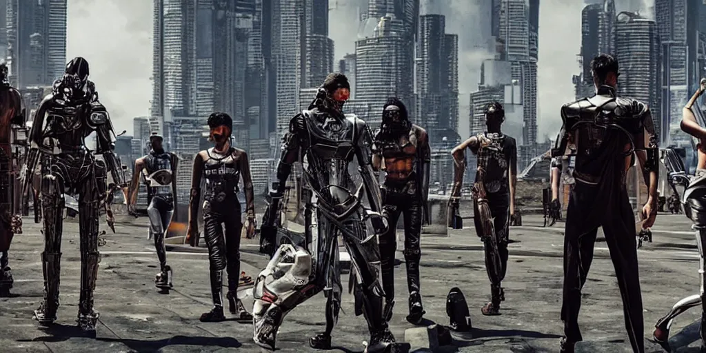 Image similar to sri lankan futuristic cyberpunk gang, film still, epic shot cinematography, rule of thirds, sci - fi tech style