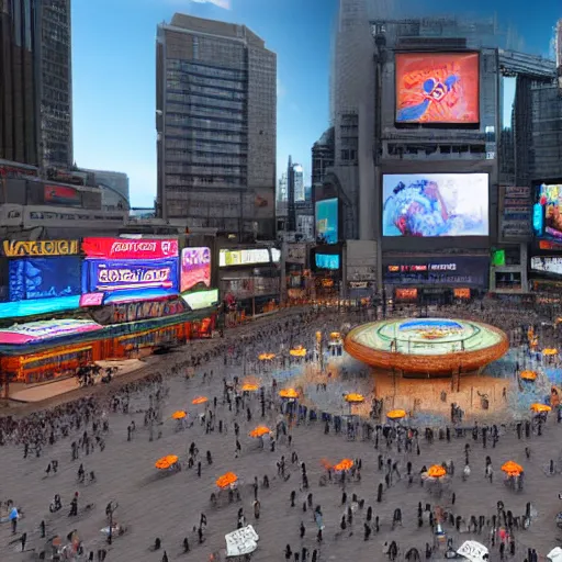 Image similar to 3D Digital matte painting of Yonge-Dundas Square in Toronto, Canada; with eldritch creatures, gnostic designs, arcane imagery, and esoteric aesthetics.