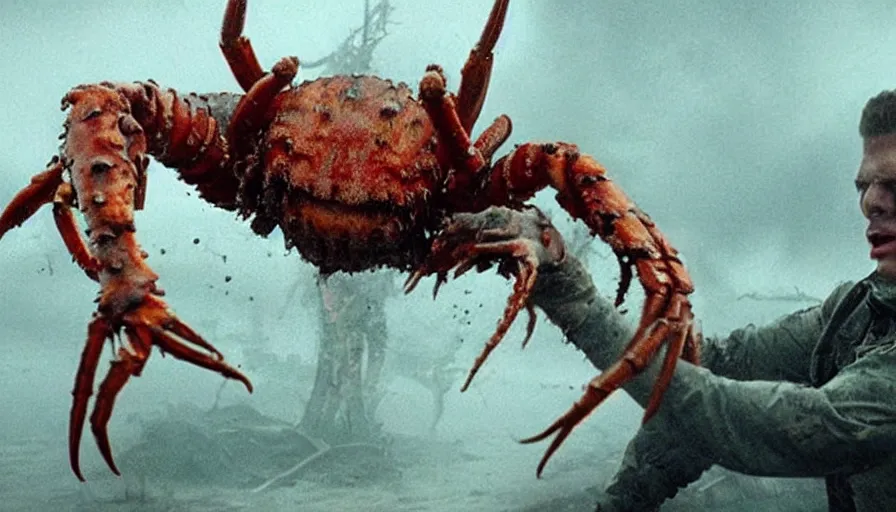 Prompt: big budget horror movie about giant mutant crabs bloodily rips off a soldier's head.