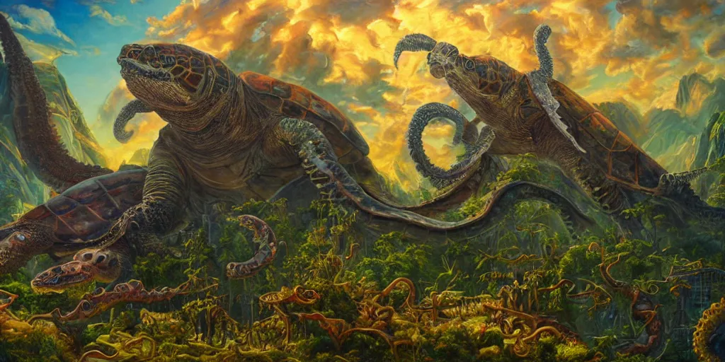 Image similar to fantasy oil painting, great leviathan, cybernetic turtle cephalopod terrapin reptilian pachyderm squid, bella hadid, hybrid, milla jovovich, anubis, epic natural light, lush plants flowers, spectacular mountains, bright clouds, luminous sky, outer worlds, golden hour, michael cheval, edward hopper, michael whelan, vray, hd