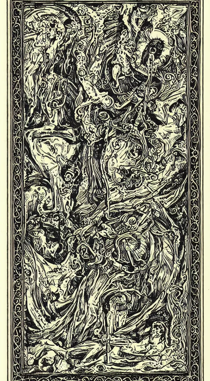 Image similar to tarot card with ornate border frame, death, magical, spiral, detailed