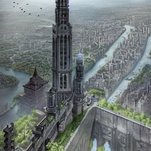 Image similar to an ultra detailed matte painting of the one impossibly tall ominous dark tower elevated high above the city, on an island in a river elevated high above the city fortress tower, fantasy capital city, ultrawide lense, aerial photography, volumetric lighting, exquisite detail, octane render, 8 k postprocessing, art by artgerm and greg rutkowski and alphonse mucha