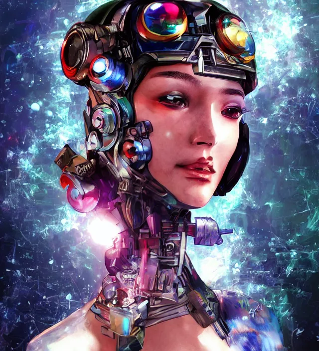 Prompt: hd 3 d rendered graphic novel video game portrait of a cute young cyborg soldier girl complicated synaptic particles angelic deity demon future downtown in ishikawa ken miura kentaro gantz frank miller jim lee alex ross vaporwave technoir style detailed trending award winning on flickr artstation