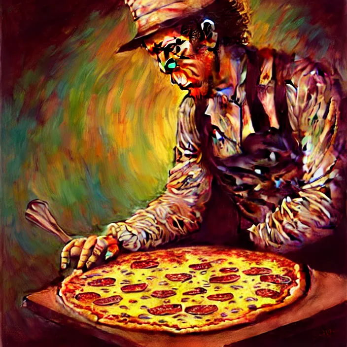 Image similar to bright psychedelic portrait of tom waits baking pizza, diffuse lighting, fantasy, intricate, elegant, highly detailed, lifelike, photorealistic, digital painting, artstation, illustration, concept art, smooth, sharp focus, art by John Collier and Albert Aublet and Krenz Cushart and Artem Demura and Alphonse Mucha